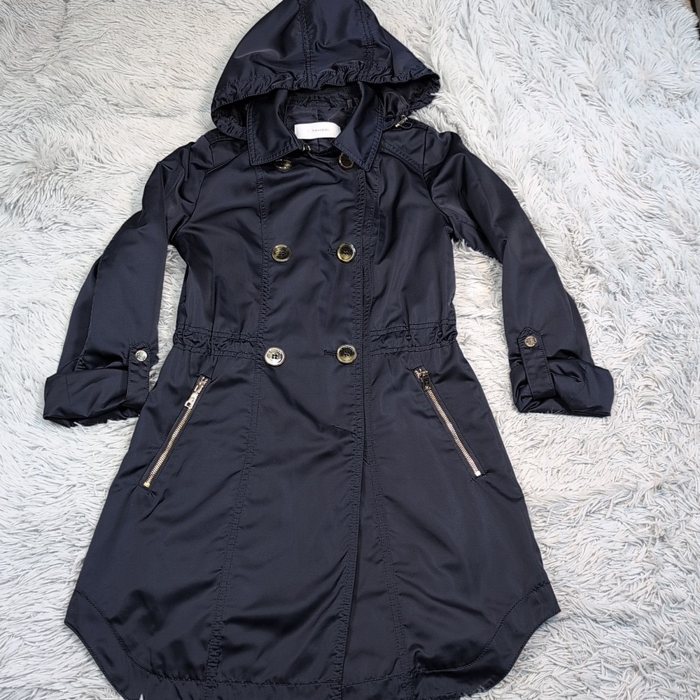 Tahari Jacket Womens XS Blue Coat Removable Hood Preppy Comfort Lightweight